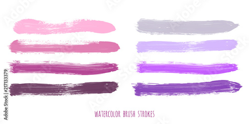 Set of purple, pink, lilac, rose, violet, gray, lavender watercolor hand painted stripes isolated on white background. Collection of vector acrylic dry brush stains, strokes, geometric horizontal line