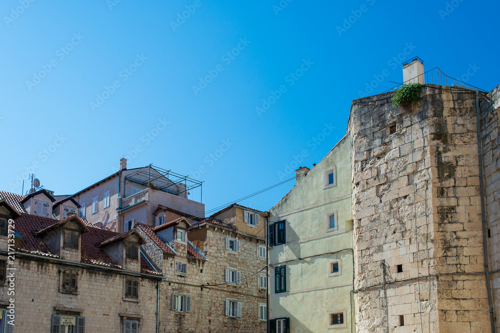 View of houses against blue sky in Split old town, Croatia