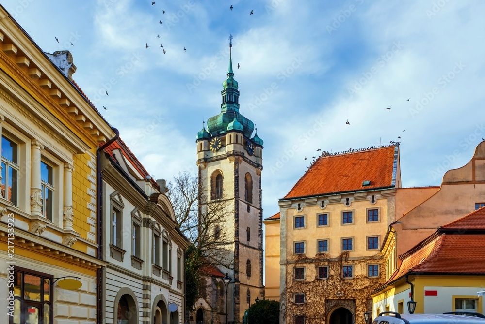Old buildings and church in Melnik, Czech republic.