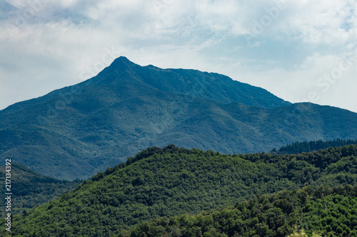 Green mountain peak landscape on a white cloudscape