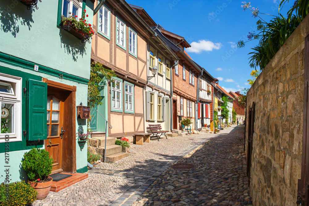 Medieval old town street in Quedlinburg, World Heritage Site, Harz, Northern Germany