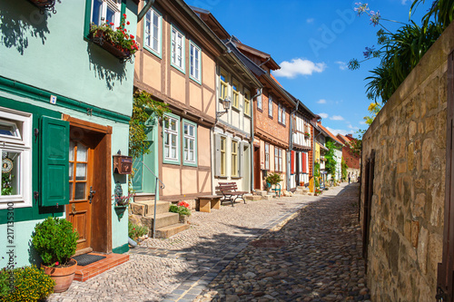 Medieval old town street in Quedlinburg, World Heritage Site, Harz, Northern Germany