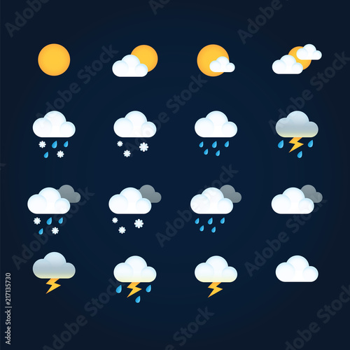 Weather icons sun and clouds in sky, rain with snow, thunder and lightning. Flat vector weather and meteorology for mobile and web application.