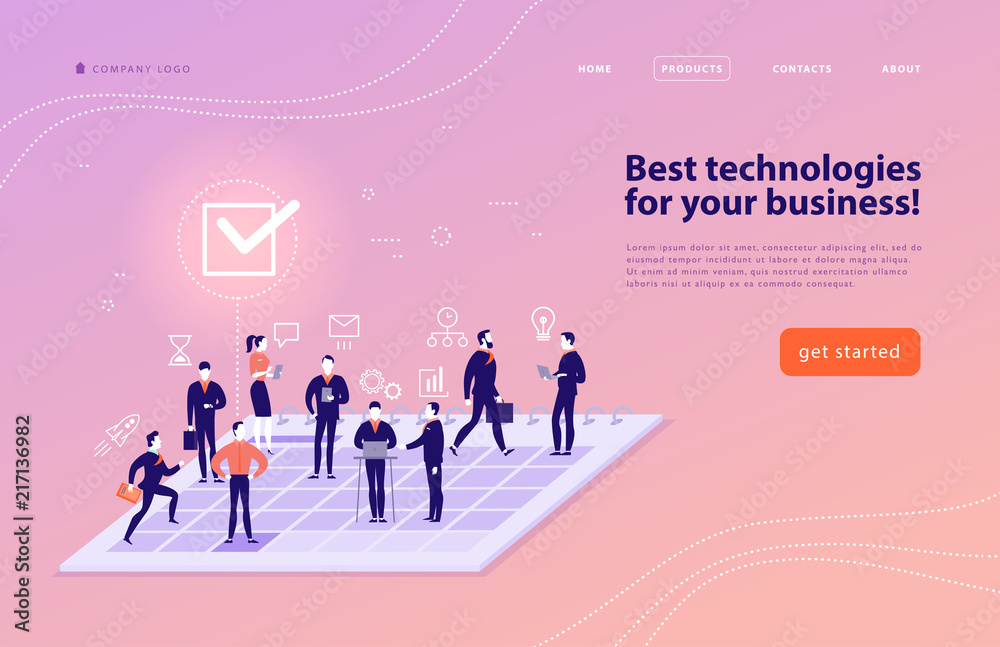 Vector web page design template for complex business solutions, project support, online consulting, modern technologies, time management, planning. Landing page. Mobile app. Flat concept illustration.