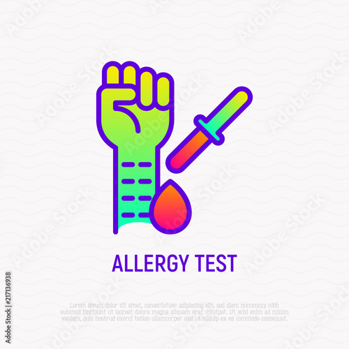Allergy test thin line icon: hand and pipette with allergens. Modern vector illustration.