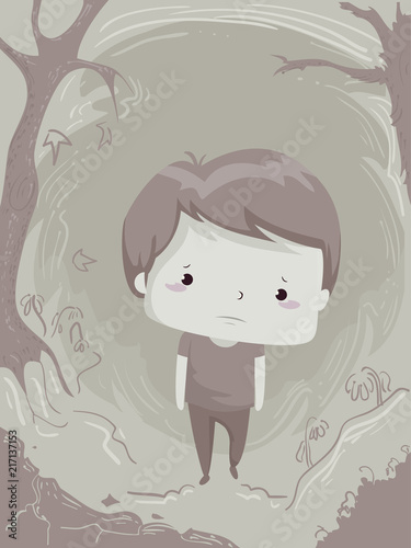 Kid Boy Sad Colorless Illus...