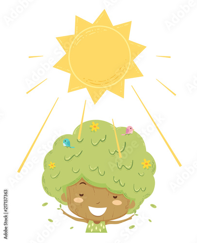 Kid Girl Tree Sun Ray Illus...