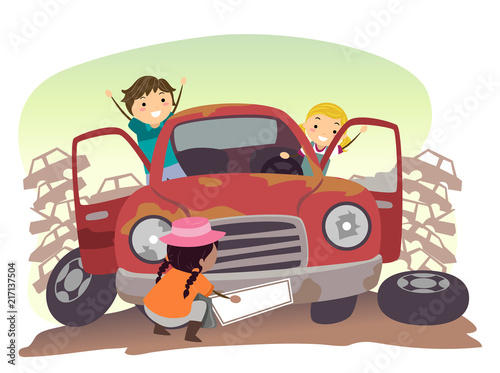 Stickman Kids Play Junk Car Illustration