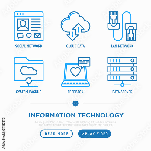 Information technology thin line icons set: social network, cloud data, LAN network, system backup, feedback, data server. Modern vector illustration.