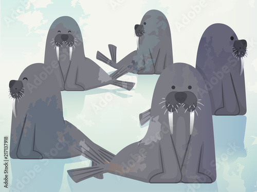 Group Walrus Herd Illustration