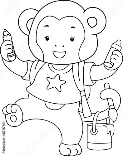 Coloring Monkey School Supplies Art Illustration