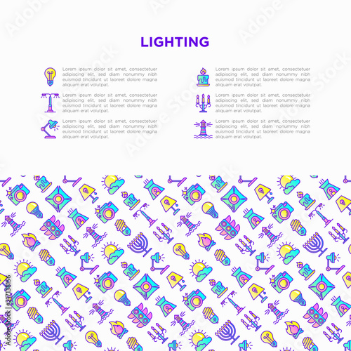 Lighting concept with thin line icons: bulb, LED, CFL, candle, table lamp, sunlight, spotlight, flash, candelabrum, bonfire, menorah, lighthouse. Vector illustration, print media template.