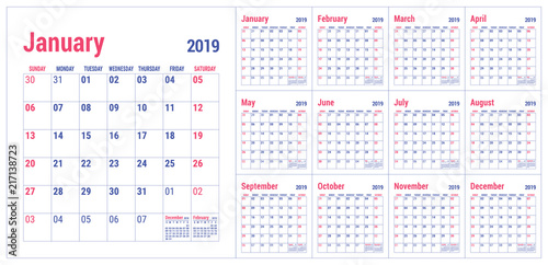 Calendar 2019. English calender template. Vector grid. Office business planning. Simple design