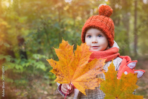 cute baby in autumn clothes. child in knitted hats and scarf holding orange maple leaves