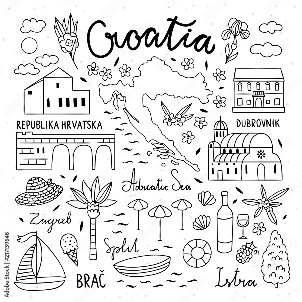 Naklejka premium Croatia hand drawn illustrations. Travel icons of Croatia. Cute hand drawn elements with architecture, food, map, nature symbols