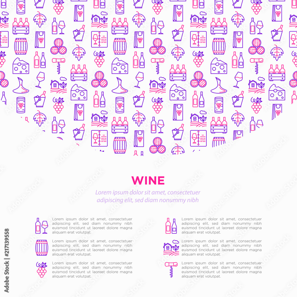 Wine concept with thin line icons: corkscrew, wine glass, cork, grapes, barrel, list, decanter, cheese, vineyard, bucket, shop, delivery. Modern vector illustration, web page template. Wine concept with thin line icons: corkscrew, wine glass, cork, grapes, barrel, list, decanter, cheese, vineyard, bucket, shop, delivery. Modern vector illustration, web page template.