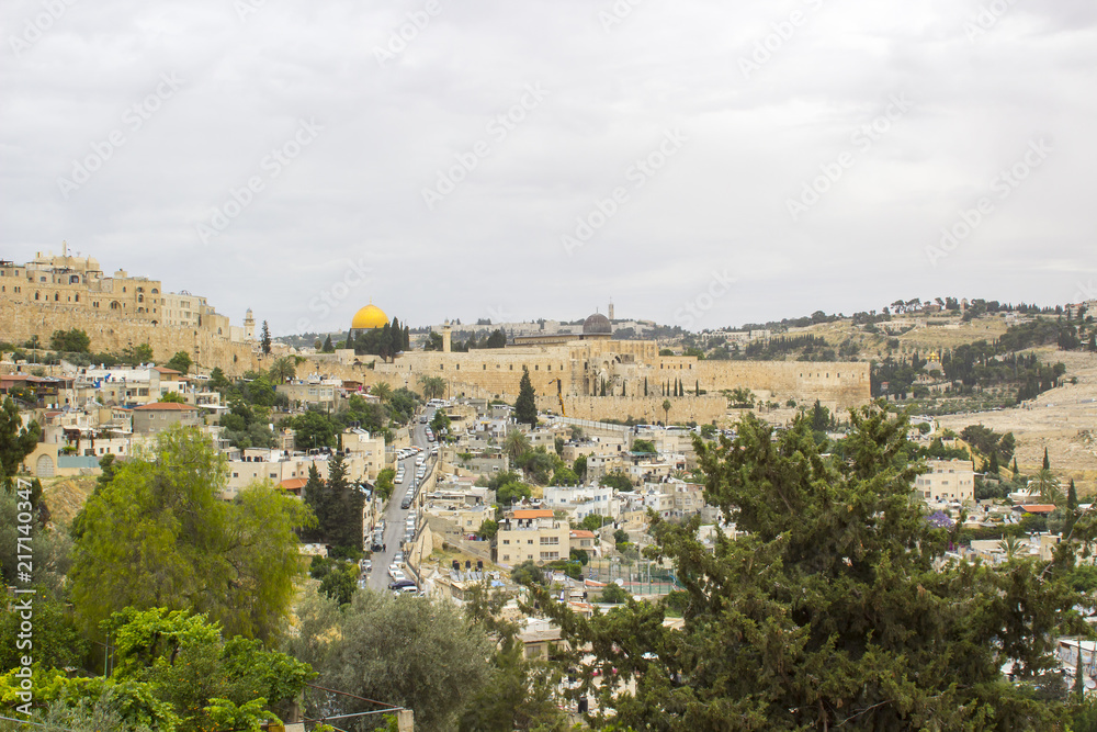 A view of the city of Jerusalem with in dense housing from the rooftop of the ancient Herod's Palace where Jesus Christ was ill treated.