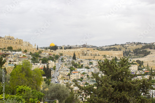 A view of the city of Jerusalem with in dense housing from the rooftop of the ancient Herod's Palace where Jesus Christ was ill treated.