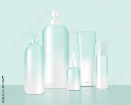 Mock up Realistic Rose Gold Pastel Bottles and Dropper Set Background