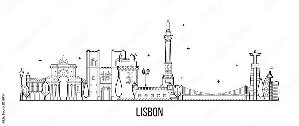 Lisbon skyline, Portugal vector big city buildings