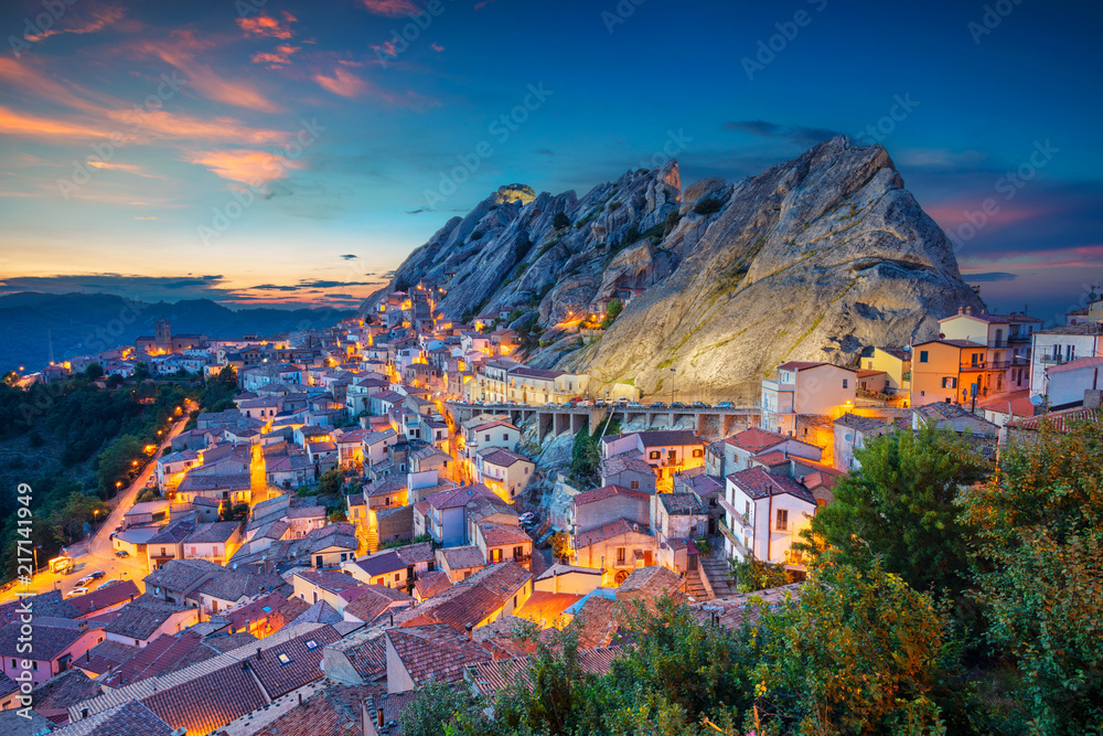 Pietrapertosa, Italy. Cityscape aerial image of medieval city of Pietrapertosa, Italy during beautiful sunset.