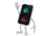 Green traffic light character with hand up