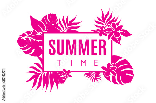 Summer time colorful banner with tropical flowers and leafs.