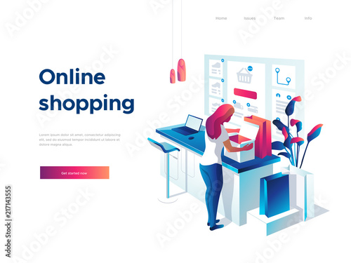 Sale, consumerism and people concept. Young woman is unpacking bags and shopping online using laptop. Landing page template. 3d vector isometric illustration.