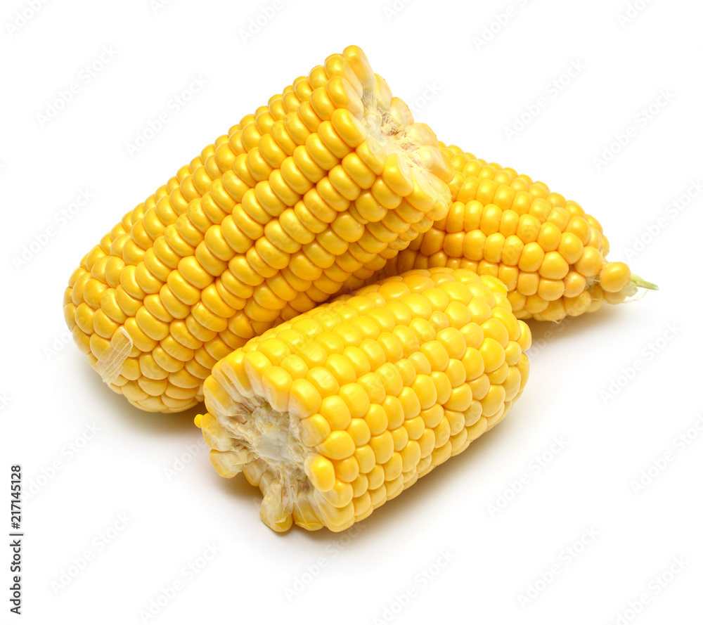 A corn is isolated on white background. Flat lay, top view A corn is isolated on white background. Flat lay, top view