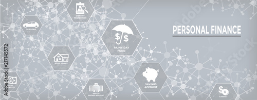 Personal Finance Web Header Banner with Rainy Day fund, cash reserves, savings account, hsa, and mortgage loan icon set