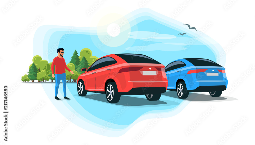 Flat vector illustration of an young man standing next suv car on parking lot with trees and sky. Person having a rest on long trip on rest stop area.