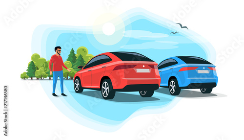 Fototapeta Naklejka Na Ścianę i Meble -  Flat vector illustration of an young man standing next suv car on parking lot with trees and sky. Person having a rest on long trip on rest stop area.