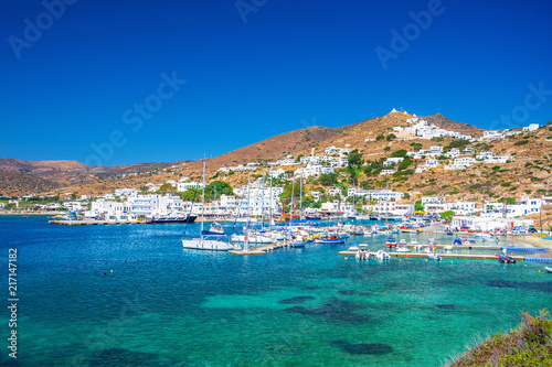 Ios Chora and old harbor, Cyclades, Greece.