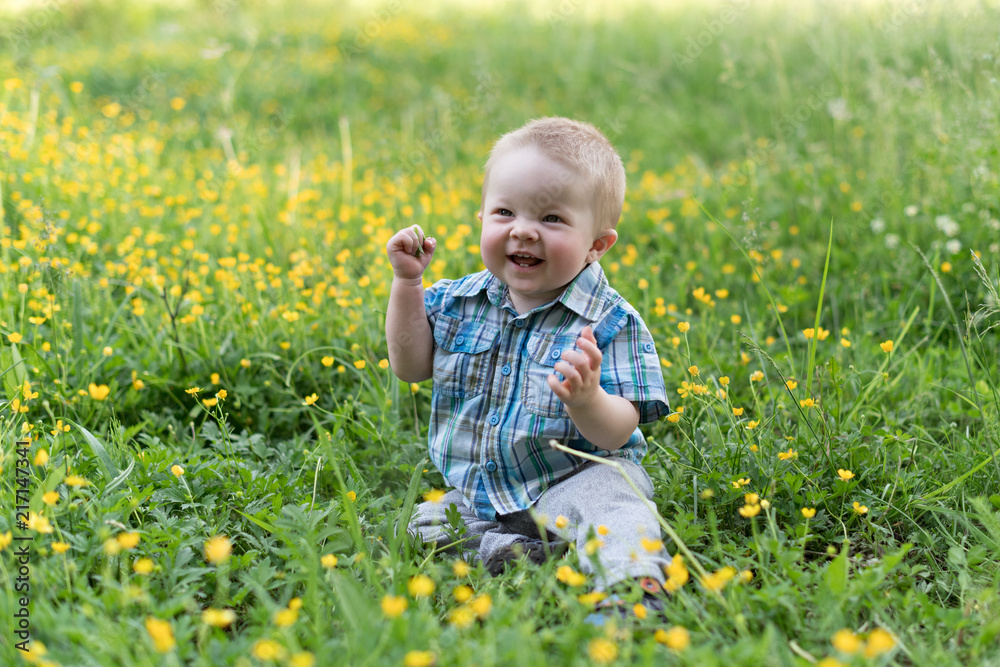 Happy baby boy is sitting on green grass on the flowers meadow in the village Happy baby boy is sitting on green grass on the flowers meadow in the village
