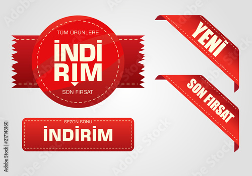 Indirim etiketleri yazilari. Translation from turkish: Sale offer badges. Red promo seals/stickers. Isolated vector illustration