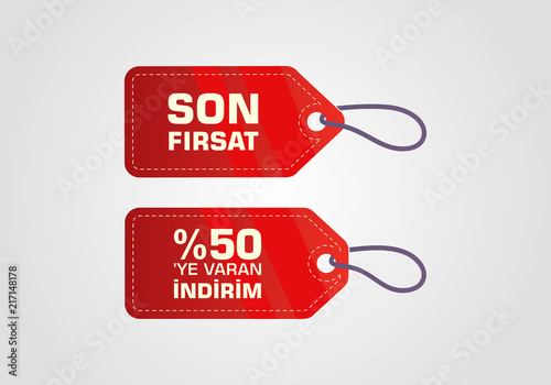 Indirim etiketleri yazilari. Translation from turkish: Sale offer badges. Red promo seals/stickers. Isolated vector illustration