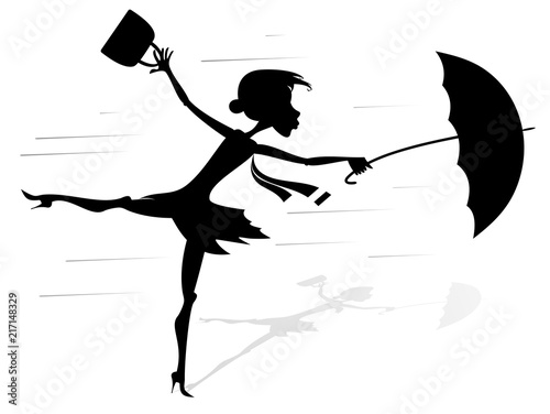 Windy day and woman with umbrella silhouette illustration, Young woman tries to hold an umbrella and a fancy bag gone with the strong wind silhouette black on white illustration
