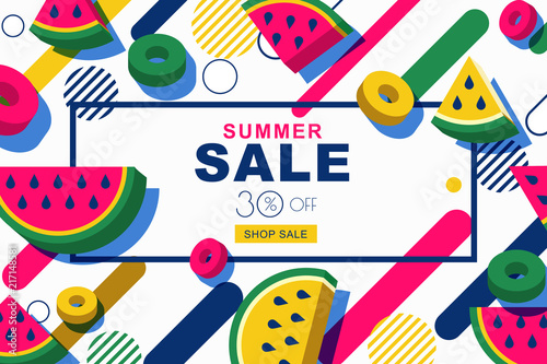 Summer sale vector banners set with 3d watermelon slices and motion geometric...