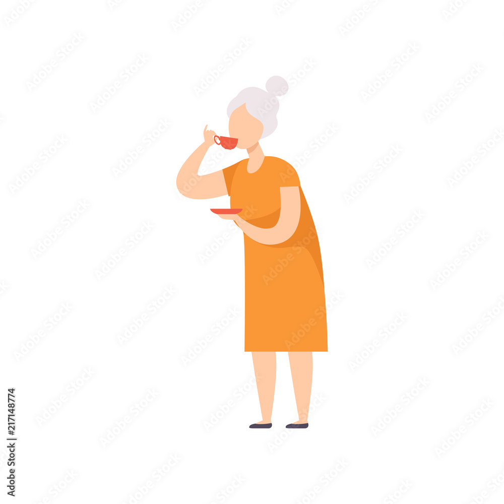 Senior woman drinking tea, grandma with cup of tea vector Illustration on a white background Senior woman drinking tea, grandma with cup of tea vector Illustration on a white background