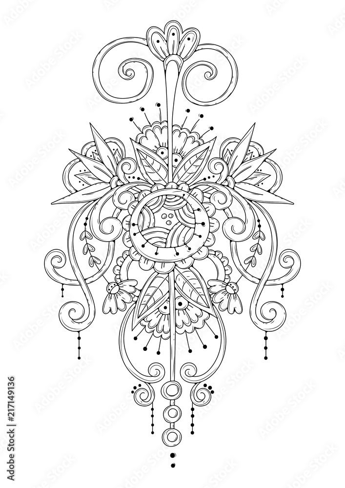 Abstract black and white floral ornament. Can be used for tattooing, drawing henna, design, printing on fabric. Coloring page for children and adults. Abstract black and white floral ornament. Can be used for tattooing, drawing henna, design, printing on fabric. Coloring page for children and adults.
