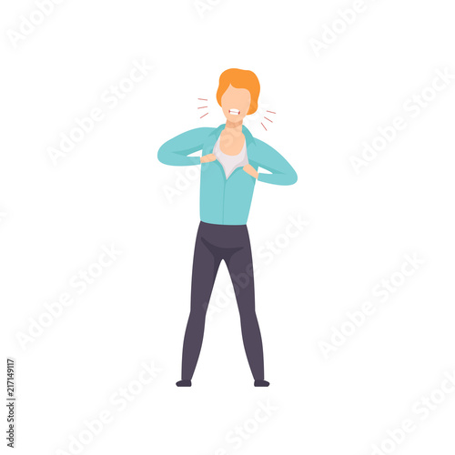 Furious young man tearing his clothes, emotional guy feeling anger vector Illustration on a white background