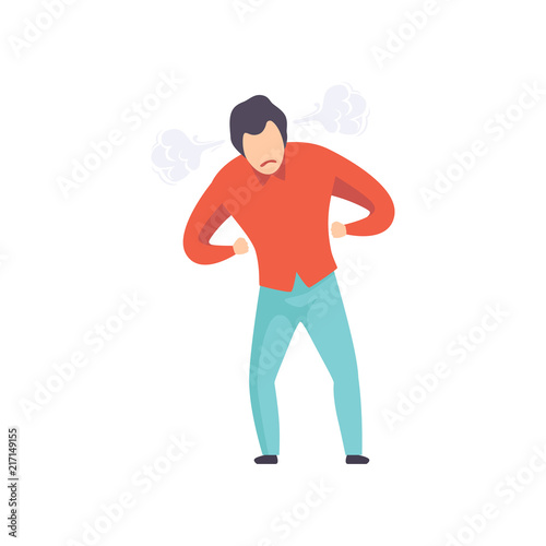 Furious young man with steam blowing from ears, emotional guy feeling anger vector Illustration on a white background