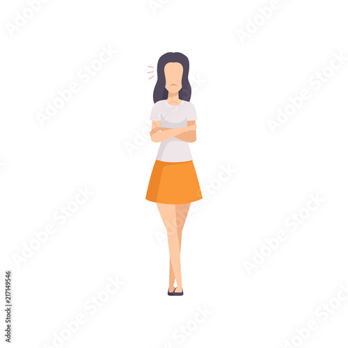 Angry brunette young woman standing with folded hands, emotional girl feeling anger vector Illustration on a white background