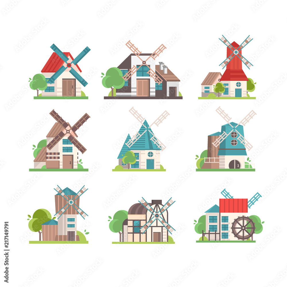 Traditional rural windmill set, ecological agricultural manufacturing vector Illustrations on a white background