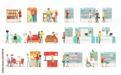 People choosing and buying furniture in shop, shoppers buying drugs, vitamins and medications in pharmacy vector Illustrations on a white background