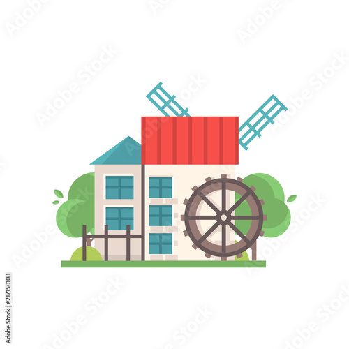 Traditional rural water mill, ecological agricultural manufacturing vector Illustrations on a white background