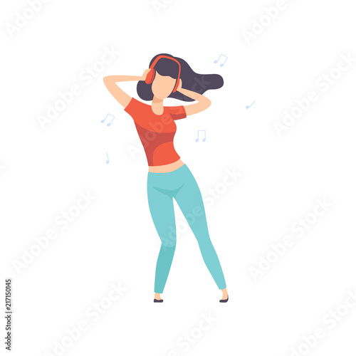 Beautiful brunette young woman listening music and dancing, girl enjoying music with headphones vector Illustration on a white background