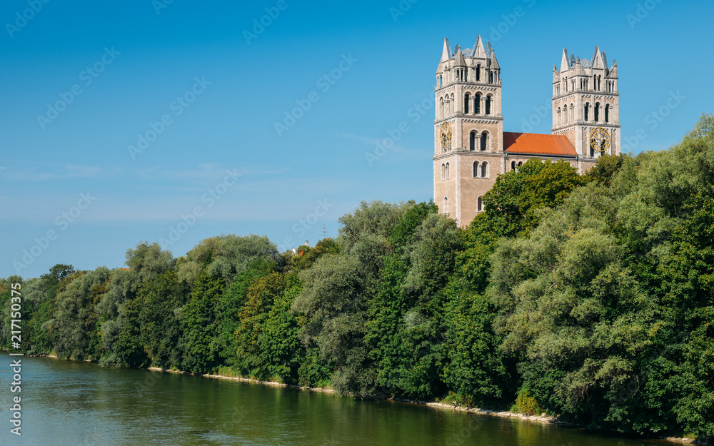 St maximilian church and isar river summertime, Munich, Bavaria, Germany