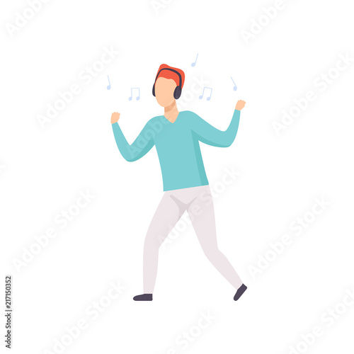 Young man listening music with headphones and dancing, guy enjoying music vector Illustration on a white background