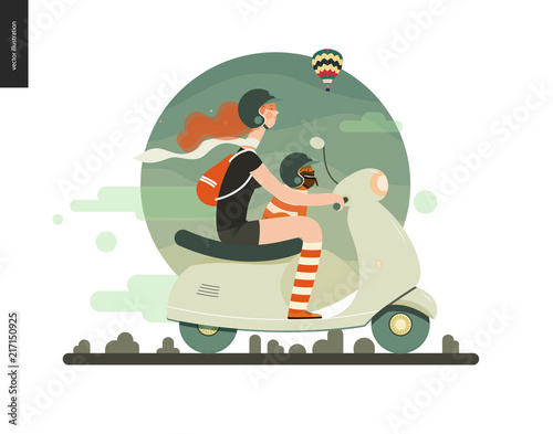 Girl on a scooter - flat vector concept illustration of ginger girl wearing helmet riding a green scooter, a french bulldog on her lap wearing small helmet, on the green landscape with air balloon
